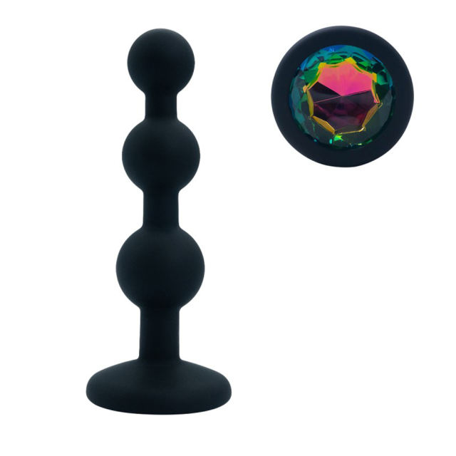 Black Silicone Beaded Anal Plug with Rainbow Crystal Gem Base