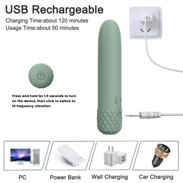 4.85'' Sage Green Full-Silicone Flexible Bullet Vibrator – 10 Vibration Modes, Seamless Design, USB Rechargeable, Waterproof
