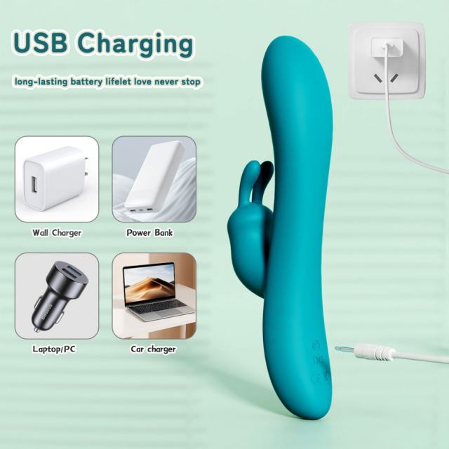 8.35'' Teal Silicone Rabbit Vibrator – 10 Vibration Modes, Dual Motors, USB Rechargeable, Waterproof