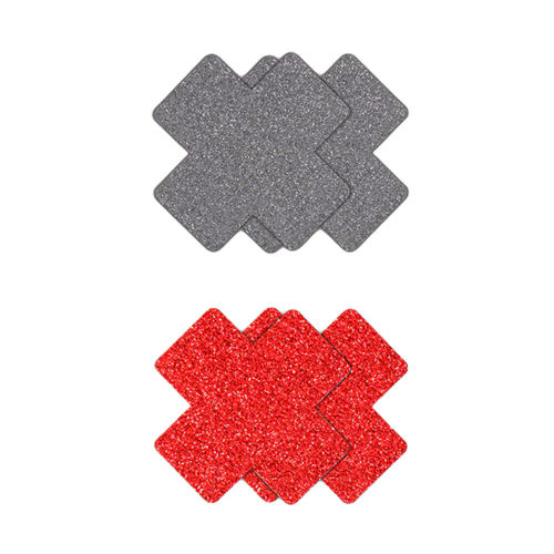 4-Piece Glitter Cross Nipple Pasties Set – Reusable, Self-Adhesive, Waterproof Polyester (Red & Silver)