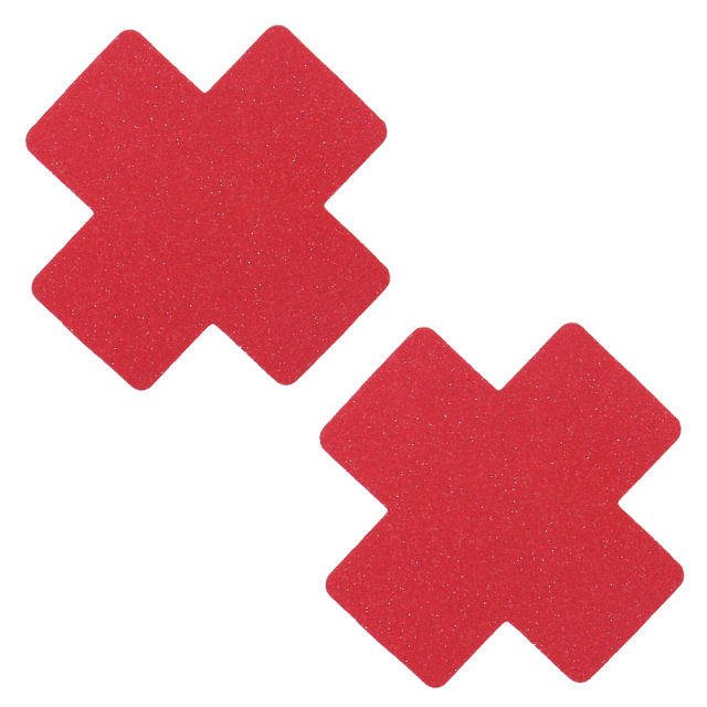 4-Piece Glitter Cross Nipple Pasties Set – Reusable, Self-Adhesive, Waterproof Polyester (Red & Silver)