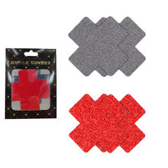 4-Piece Glitter Cross Nipple Pasties Set – Reusable, Self-Adhesive, Waterproof Polyester (Red &amp; Silver)