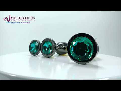 Customizable  Black & Gold Metal Anal Plug Set (3 Sizes) with Green Crystal Gem Base