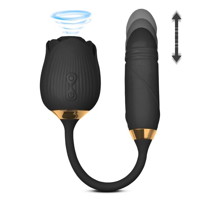 Customizable 10-Speed Black Color Silicone Clitoral Sucking Rose with Thrusting Vibrator