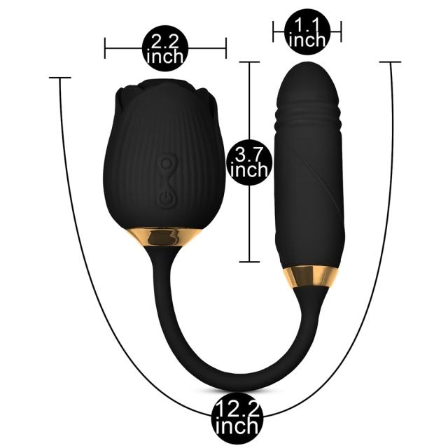 Customizable 10-Speed Black Color Silicone Clitoral Sucking Rose with Thrusting Vibrator