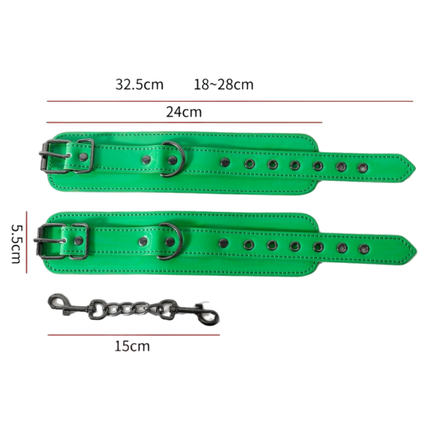 Adjustable Green PU Leather Wrist Cuffs with Metal Chain
