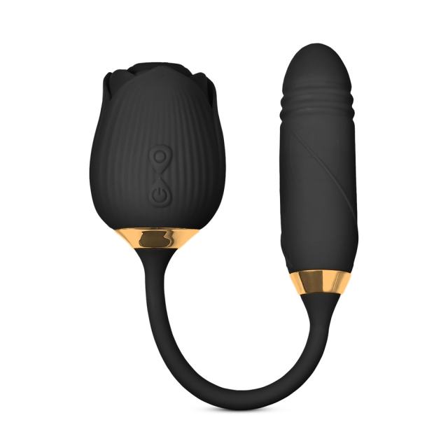 10-Speed Black Color Silicone Clitoral Sucking Rose with Thrusting Vibrator