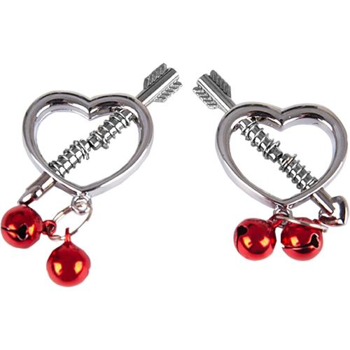 Heart & Arrow Nipple Clamps with Red Jingle Bells – Adjustable Screw Pressure and Polished Metal