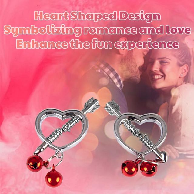 Heart & Arrow Nipple Clamps with Red Jingle Bells – Adjustable Screw Pressure and Polished Metal