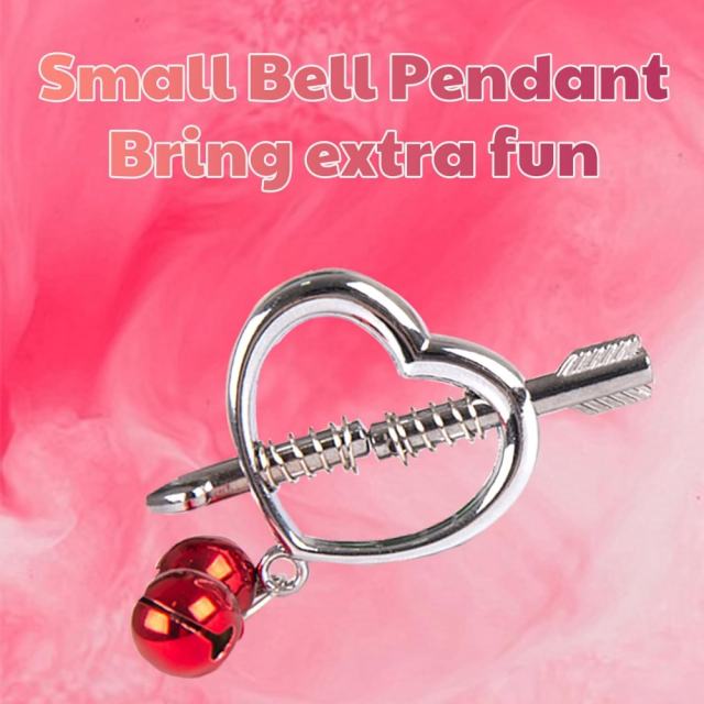 Heart & Arrow Nipple Clamps with Red Jingle Bells – Adjustable Screw Pressure and Polished Metal