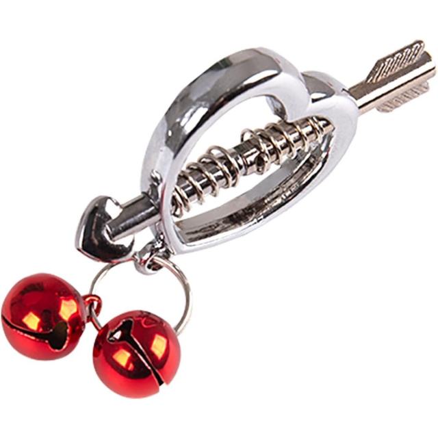 Heart & Arrow Nipple Clamps with Red Jingle Bells – Adjustable Screw Pressure and Polished Metal