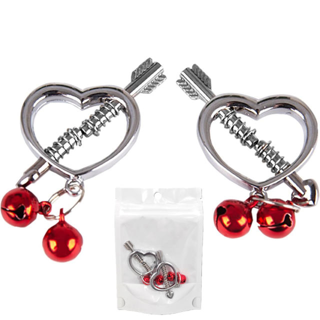 Heart &amp; Arrow Nipple Clamps with Red Jingle Bells – Adjustable Screw Pressure and Polished Metal