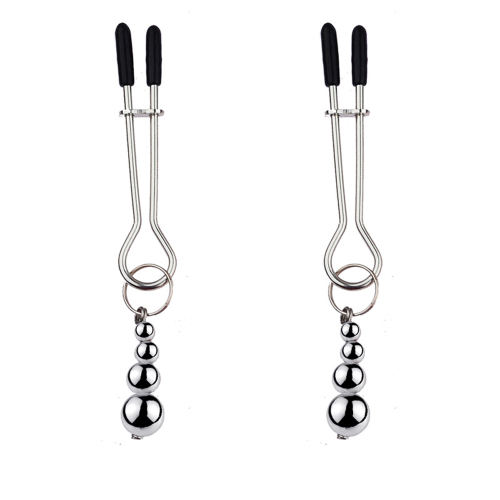 3.94'' Silver Metal Nipple Clamps with Weighted Beads – Adjustable Pressure, Stainless Design, Pair