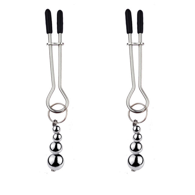 3.94'' Silver Metal Nipple Clamps with Weighted Beads – Adjustable Pressure, Stainless Design, Pair