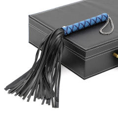 15.76'' Black + Blue PU Whip – Soft Flogger with Textured Handle, Chain Strap, Lightweight Design