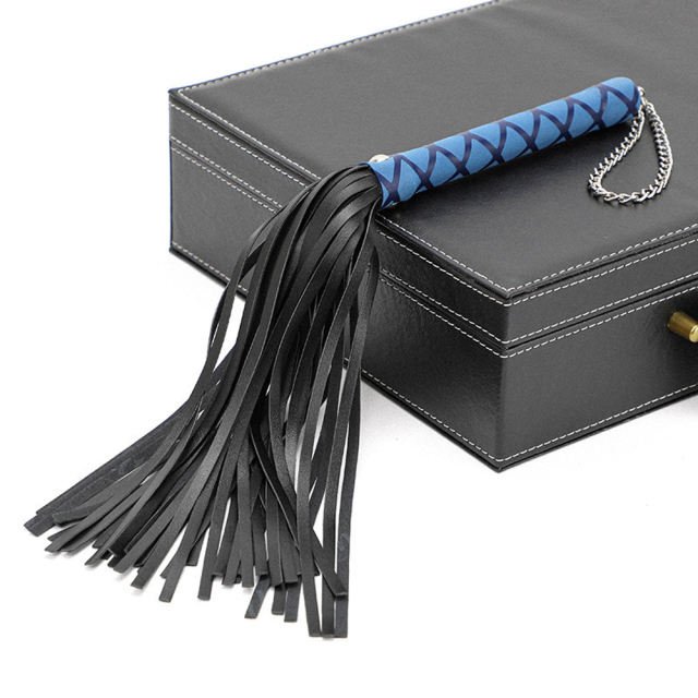 15.76'' Black + Blue PU Whip – Soft Flogger with Textured Handle, Chain Strap, Lightweight Design