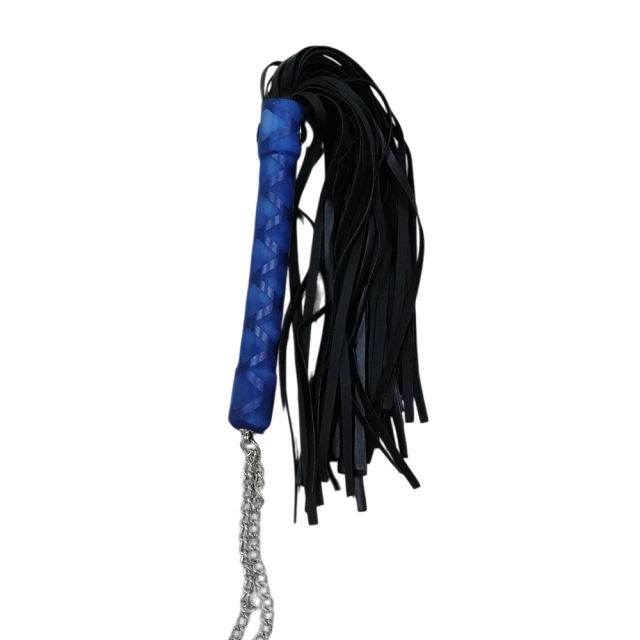 15.76'' Black + Blue PU Whip – Soft Flogger with Textured Handle, Chain Strap, Lightweight Design