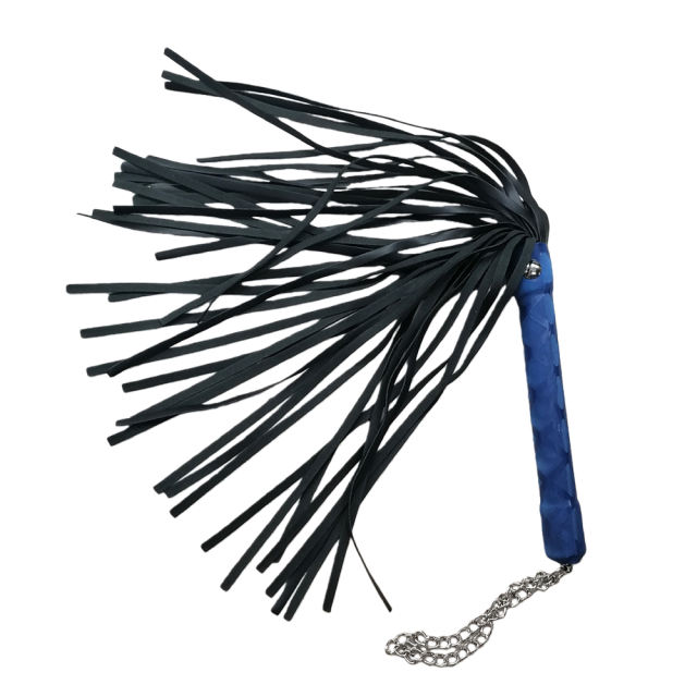 15.76'' Black + Blue PU Whip – Soft Flogger with Textured Handle, Chain Strap, Lightweight Design