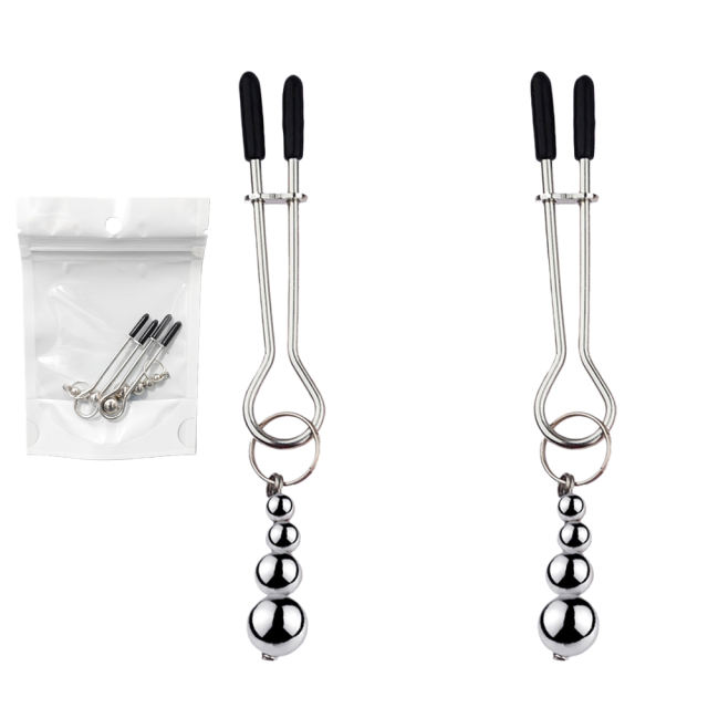 3.94'' Silver Metal Nipple Clamps with Weighted Beads – Adjustable Pressure, Stainless Design, Pair