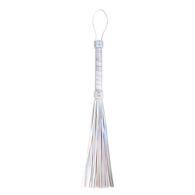 22.06'' Metallic Silver PU Whip – Shiny Handle, Soft Strands, Flexible Design for BDSM & Roleplay