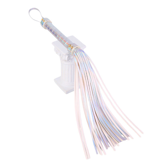 22.06'' Metallic Silver PU Whip – Shiny Handle, Soft Strands, Flexible Design for BDSM & Roleplay
