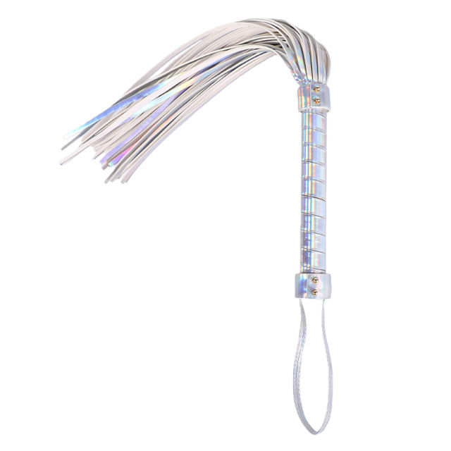 22.06'' Metallic Silver PU Whip – Shiny Handle, Soft Strands, Flexible Design for BDSM & Roleplay