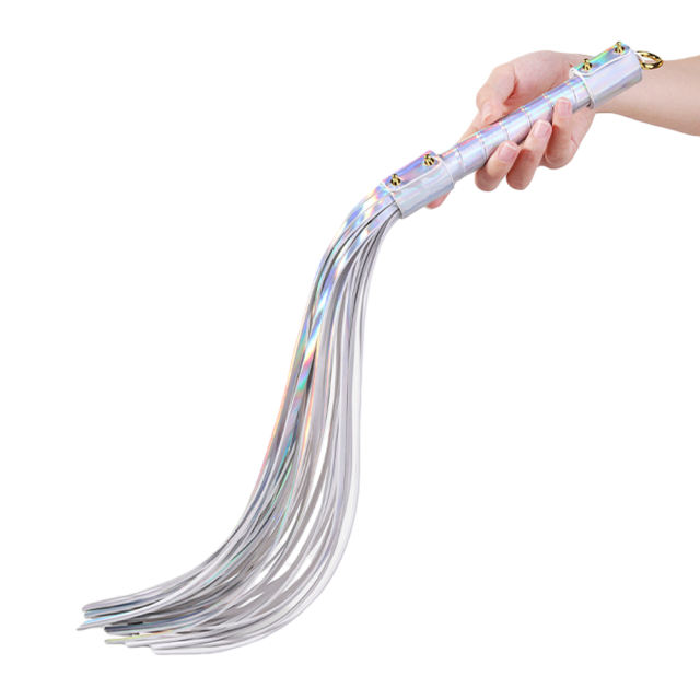 22.06'' Metallic Silver PU Whip – Shiny Handle, Soft Strands, Flexible Design for BDSM & Roleplay