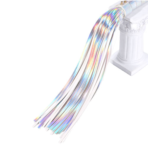 22.06'' Metallic Silver PU Whip – Shiny Handle, Soft Strands, Flexible Design for BDSM & Roleplay