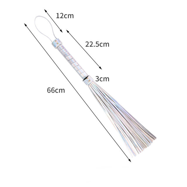 22.06'' Metallic Silver PU Whip – Shiny Handle, Soft Strands, Flexible Design for BDSM & Roleplay