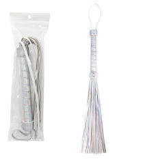 22.06'' Metallic Silver PU Whip – Shiny Handle, Soft Strands, Flexible Design for BDSM & Roleplay