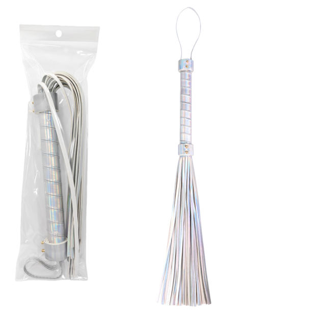 22.06'' Metallic Silver PU Whip – Shiny Handle, Soft Strands, Flexible Design for BDSM & Roleplay