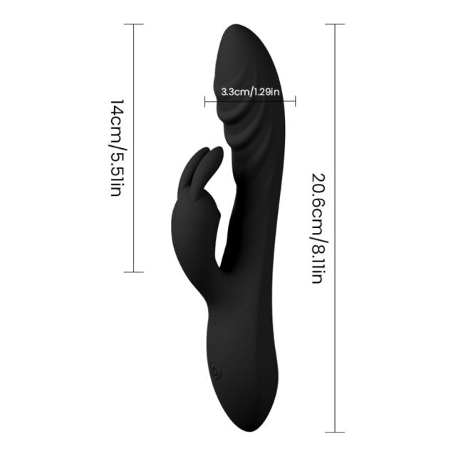 8.08'' Black Rechargeable Waterproof Silicone Rabbit Vibrator – 10-Speed Dual-Motor and Wave-Textured Design