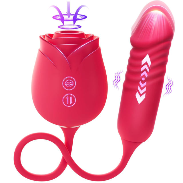 16.55’’ Red Silicone Waterproof Rechargeable Rose Vibrator with 10-Mode Sucking, Thrusting & Vibrating
