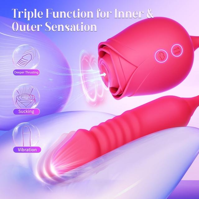 16.55’’ Red Silicone Waterproof Rechargeable Rose Vibrator with 10-Mode Sucking, Thrusting & Vibrating