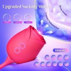 16.55’’ Red Silicone Waterproof Rechargeable Rose Vibrator with 10-Mode Sucking, Thrusting & Vibrating