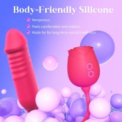 16.55’’ Red Silicone Waterproof Rechargeable Rose Vibrator with 10-Mode Sucking, Thrusting & Vibrating