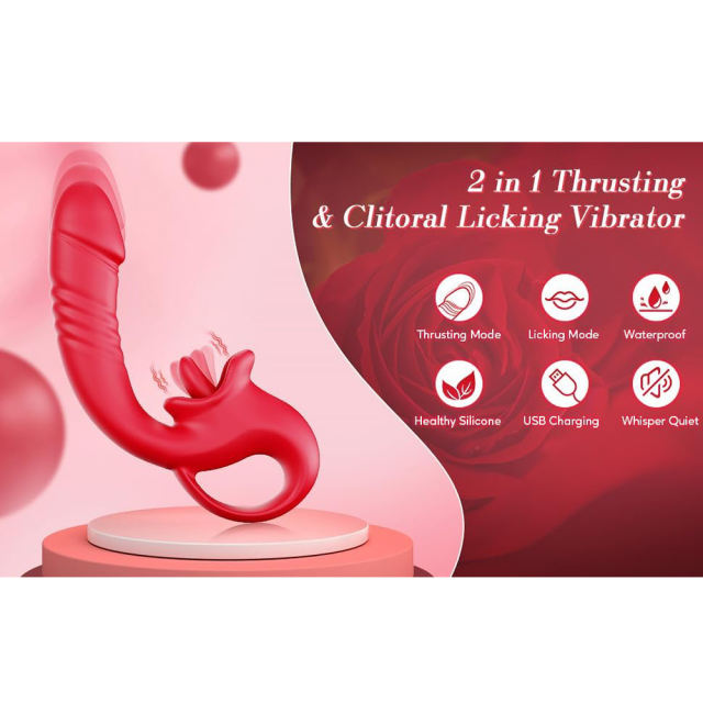 Customizable 7.29'' Red Waterproof Rechargeable Vibrating Thrusting Tongue-Licking Vibrator – 10-Mode Dual Remote Control