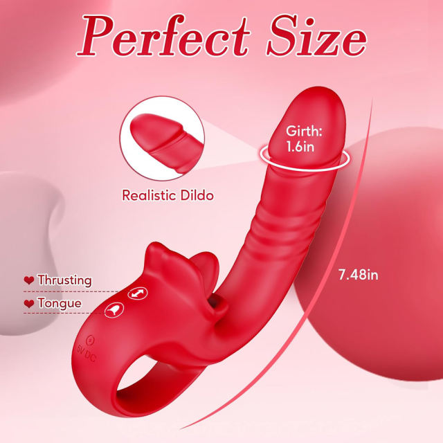 7.29'' Red Waterproof Rechargeable Vibrating Thrusting Tongue-Licking Vibrator – 10-Mode Dual Remote Control