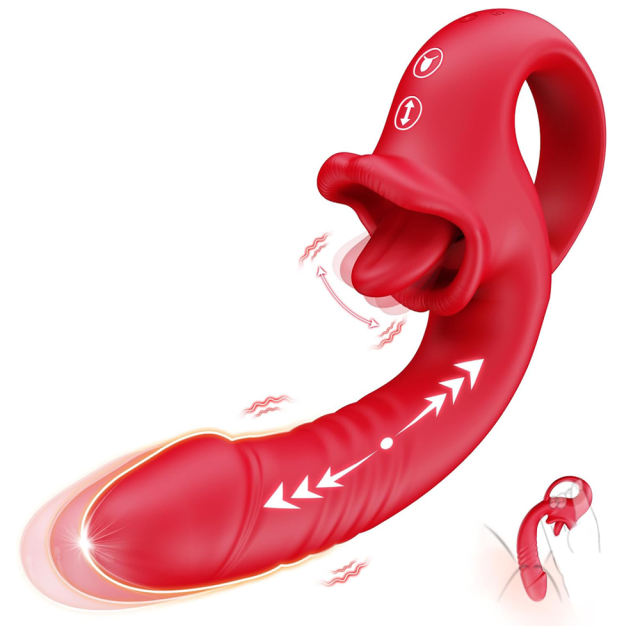 7.29'' Red Waterproof Rechargeable Vibrating Thrusting Tongue-Licking Vibrator – 10-Mode Dual Remote Control