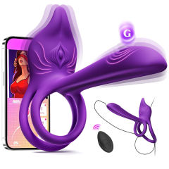 5.32'' Purple Waterproof Rechargeable App-Controlled Vibrating Cock Ring – 10-Mode Tongue Extension and Dual Remote Control