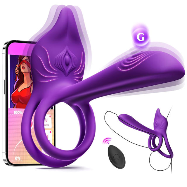 5.32'' Purple Waterproof Rechargeable App-Controlled Vibrating Cock Ring – 10-Mode Tongue Extension and Dual Remote Control