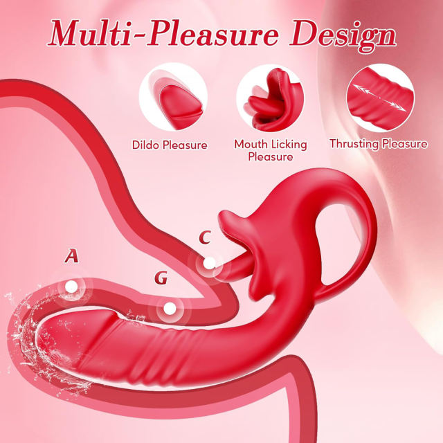 7.29'' Red Waterproof Rechargeable Vibrating Thrusting Tongue-Licking Vibrator – 10-Mode Dual Remote Control