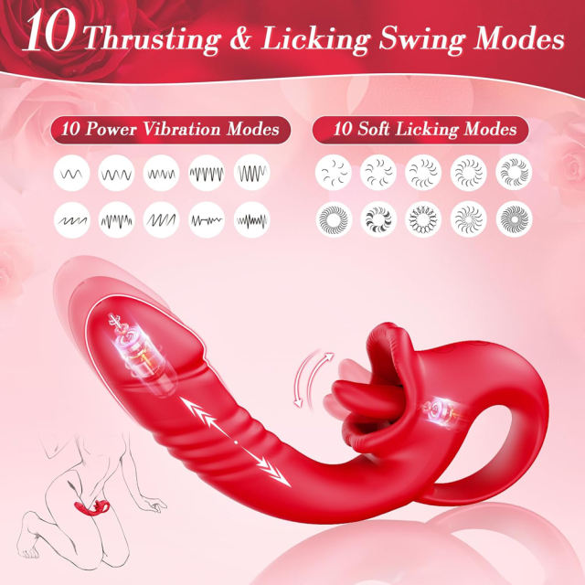 7.29'' Red Waterproof Rechargeable Vibrating Thrusting Tongue-Licking Vibrator – 10-Mode Dual Remote Control