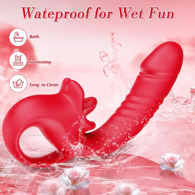 7.29'' Red Waterproof Rechargeable Vibrating Thrusting Tongue-Licking Vibrator – 10-Mode Dual Remote Control