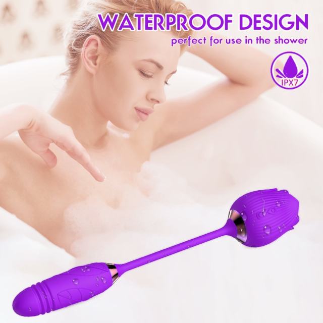 Customizable 10-Speed Purple Color Silicone Clitoral Sucking Rose with Thrusting Vibrator