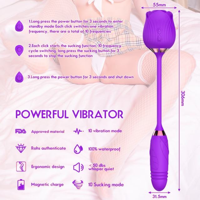 Customizable 10-Speed Purple Color Silicone Clitoral Sucking Rose with Thrusting Vibrator