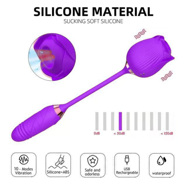 Customizable 10-Speed Purple Color Silicone Clitoral Sucking Rose with Thrusting Vibrator