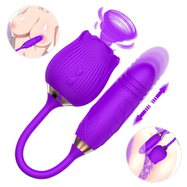 Customizable 10-Speed Purple Color Silicone Clitoral Sucking Rose with Thrusting Vibrator