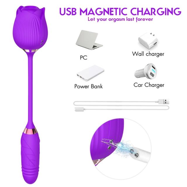Customizable 10-Speed Purple Color Silicone Clitoral Sucking Rose with Thrusting Vibrator