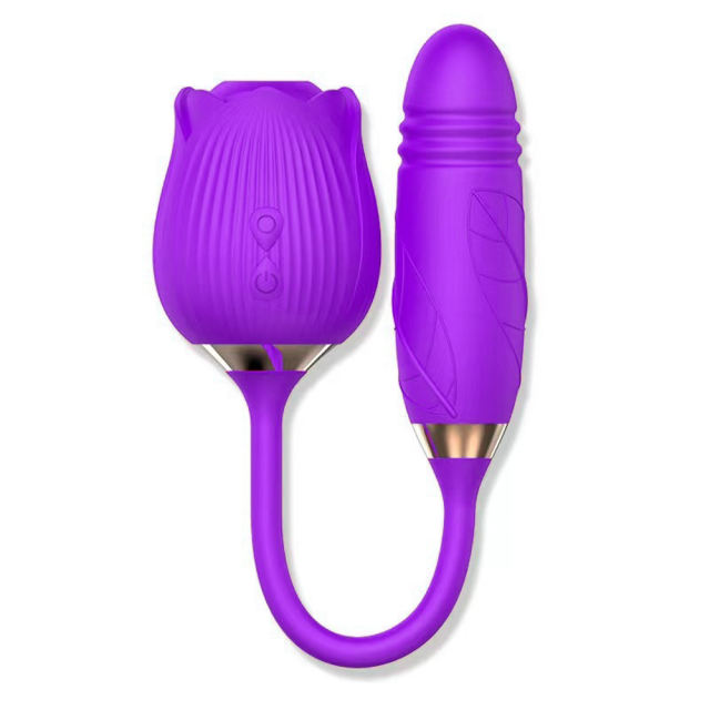 Customizable 10-Speed Purple Color Silicone Clitoral Sucking Rose with Thrusting Vibrator